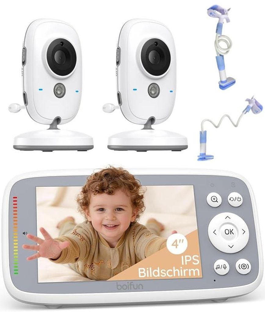 BOIFUN Babyphone HD 4 Zoll mit 2 Kameras ohne WLAN VOX Nachtsicht Babyfon 2-Wege-Gespräch Erweiterbar auf bis zu 4 Babykameras mit Halterungen
