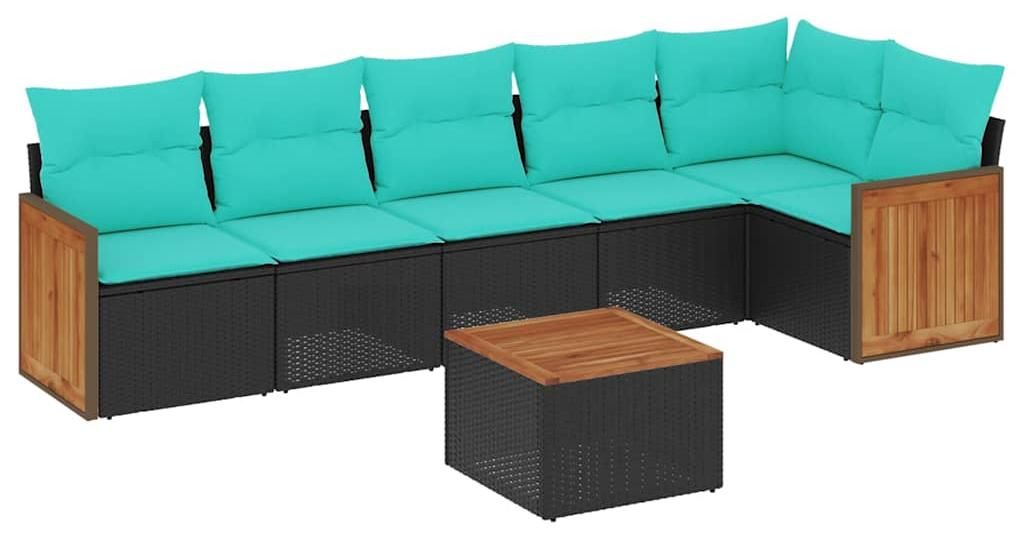vidaXL 7-teiliges Gartensofa-Set mit Kissen, schwarzes Polyrattan