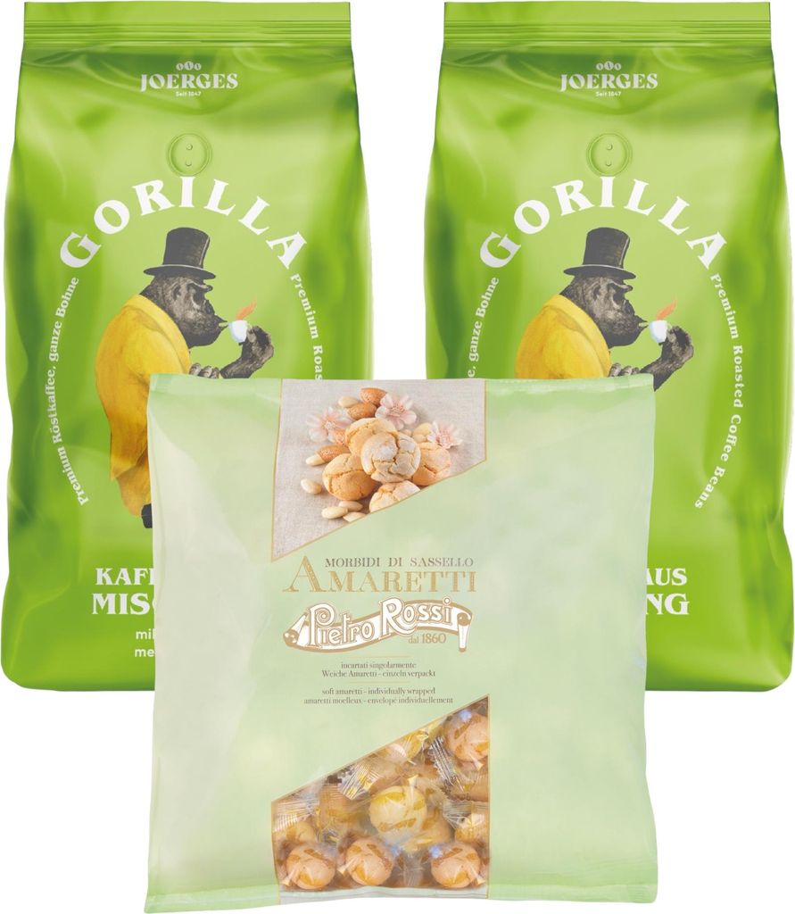 Joerges Gorilla Kaffeehaus Bohnen 2x 1000g plus Pietro Rossi Weiche Amaretti 750g | Ganze Kaffeebohnen Gebäck Büro-Set