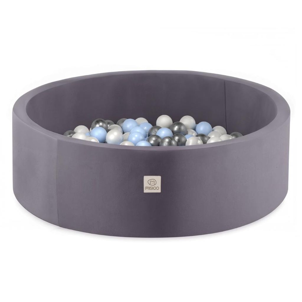 MISIOO Freundliches Bällebad Baby ab 1 Jahr - Rundes Velour Bällebad Baby mit 200 Bälle - Perfekt für Kinder - 90x30cm - Grau: Silber/Perle/Hel...