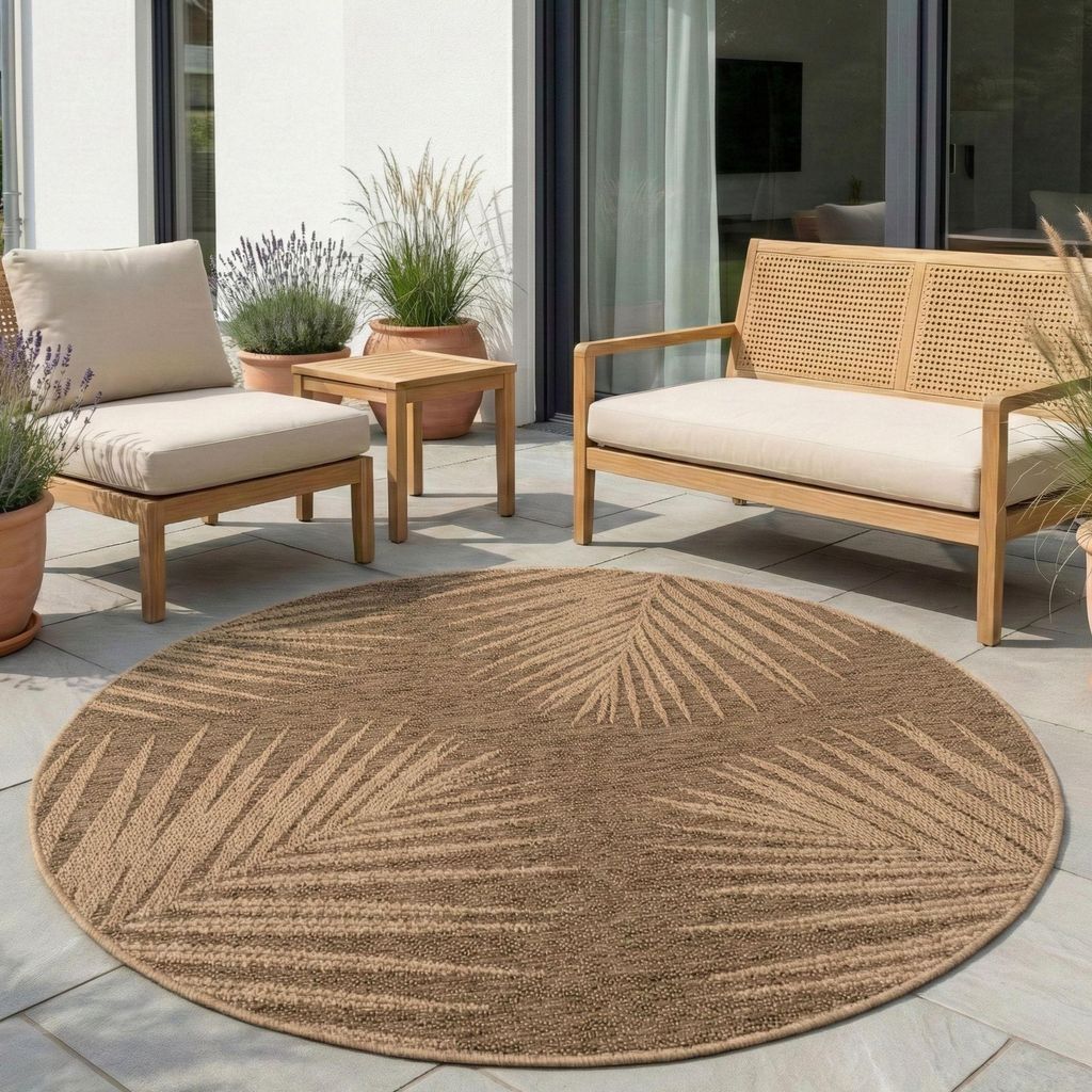 Carpetsale24 In- & Outdoor Teppich Wetterfest im natürlichen Jute-Look, ideal für Wohnzimmer, Küche, Terrasse & Balkon, Grösse: 200 cm Rund