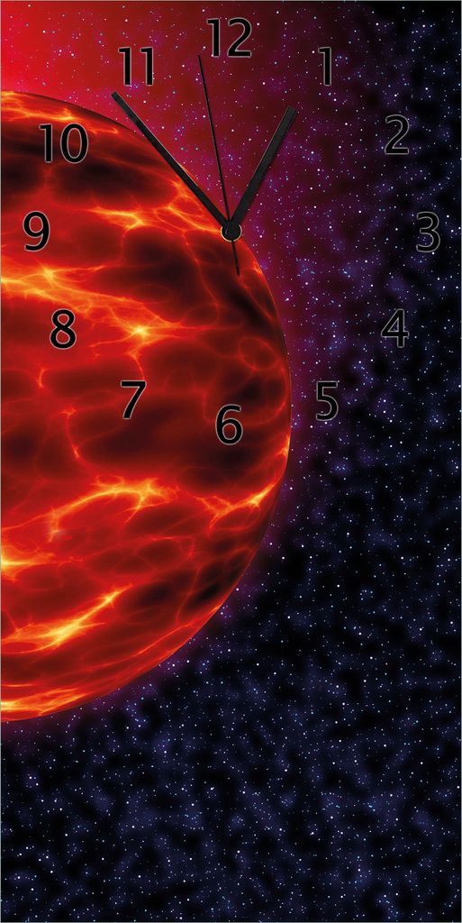 Wallario Design Wanduhr bedruckt, Größe 30 x 60 cm, Motiv: Abstrakter Planet im Weltall in glühendem rot
