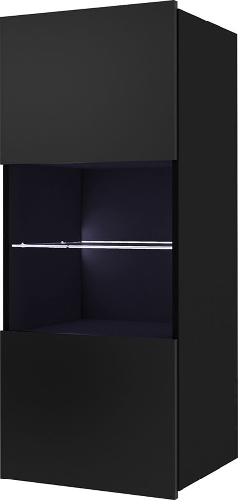 Vitrinenschrank CALABRINI C-16 mit LED-Beleuchtung Hängevitrine 45x117 cm Vitrine Regalschrank Schrank Grifflos Modern (Schwarz / Schwarz Hochglanz)