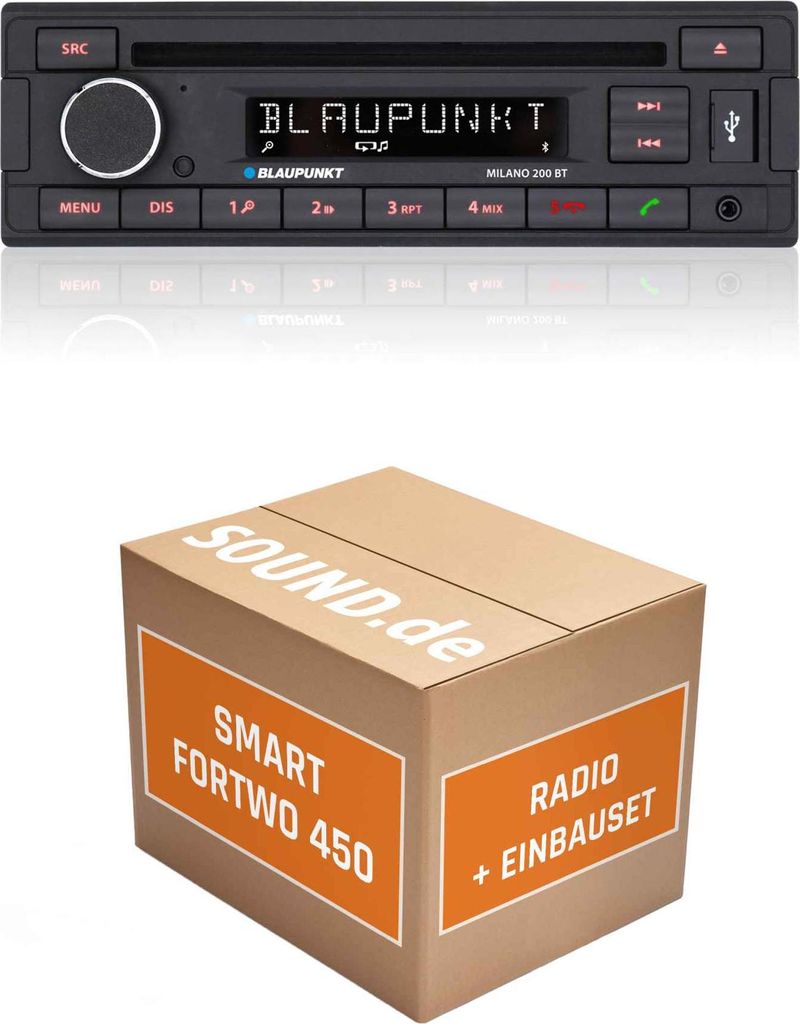 Autoradio Einbaupaket mit Blaupunkt Milano 200 BT passend für Smart Fortwo 450 dunkelgrau | Bluetooth USB