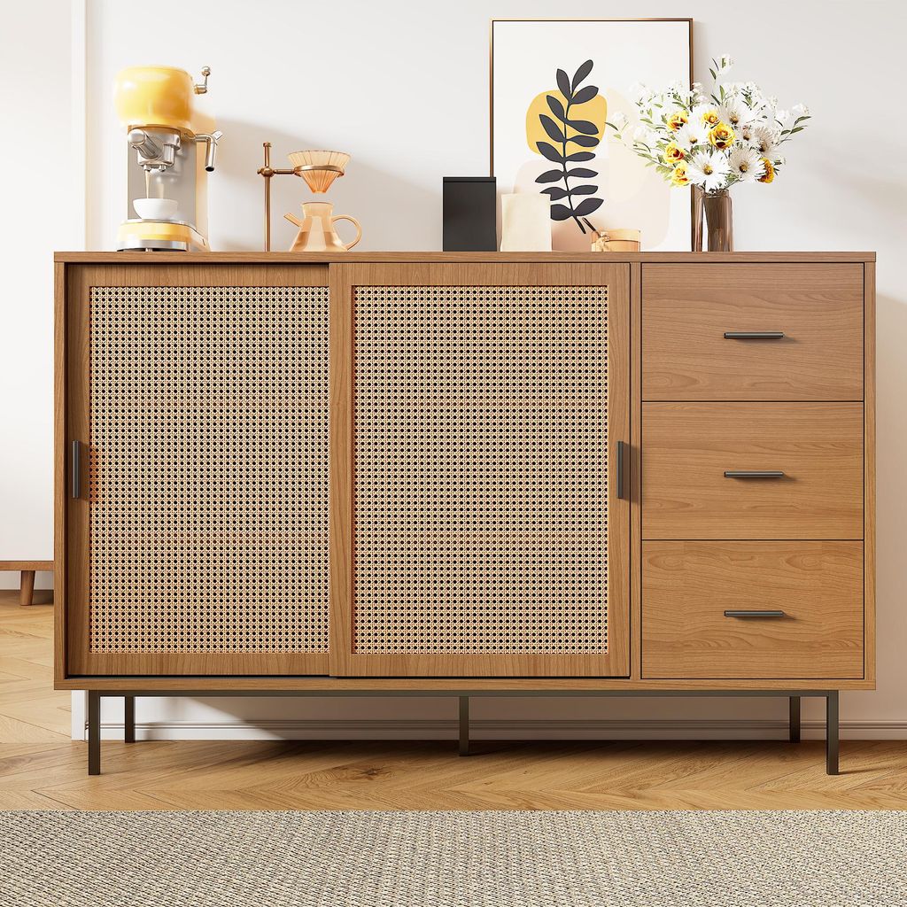 Sweiko Sideboard mit 2 Schiebetüren und 3 Schubladen mit verstellbaren Einlegeböden, Sideboard im Landhausstil, geeignet für Wohn- und Esszimmer...