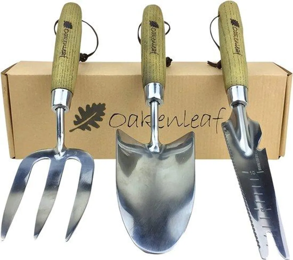Set d'outils de jardinage XL manche bois et acier inox kit de 3 pièces