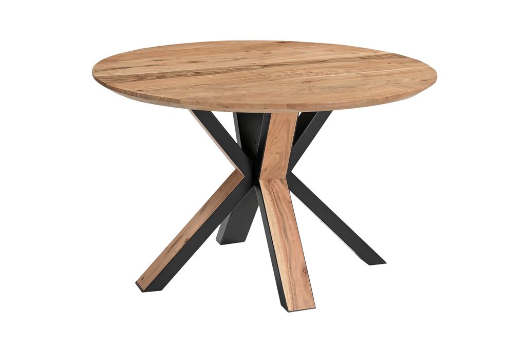 Runder Esszimmertisch Akazie naturfarben Schweizer Kante 105 cm Spider-Gestell schwarz aus Metall + Holz CARA