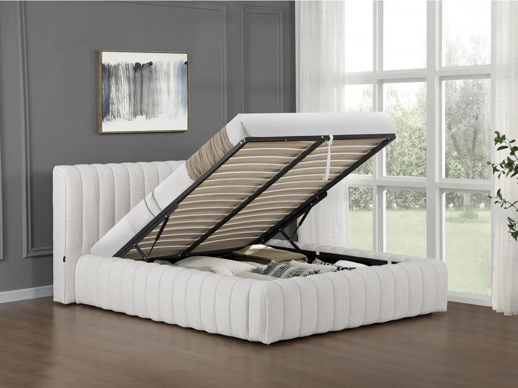 Lit double 140x190 avec coffre Tignes beige pour optimiser l'espace
