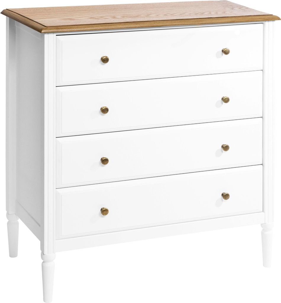 A white chest of drawers with a wooden top and brass knobs, presented against a white background.