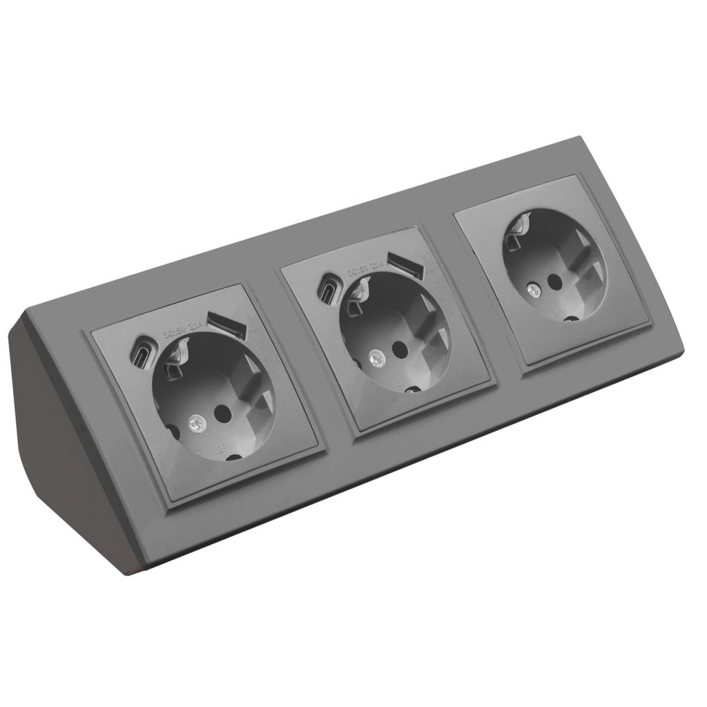 Ecksteckdose 2-fach Steckdose mit USB und USB-C und Schucko Steckdose Steckdosenblock 45° Verteilerdose silber.