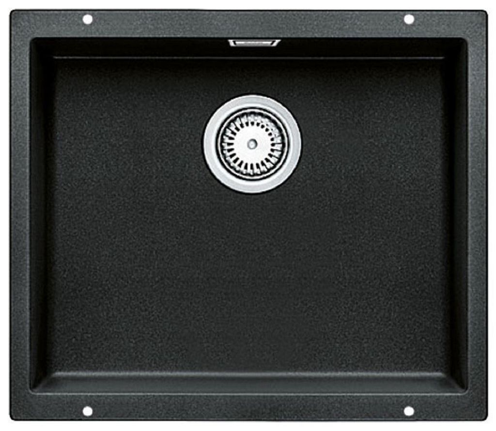 A black kitchen sink with a silver drain.