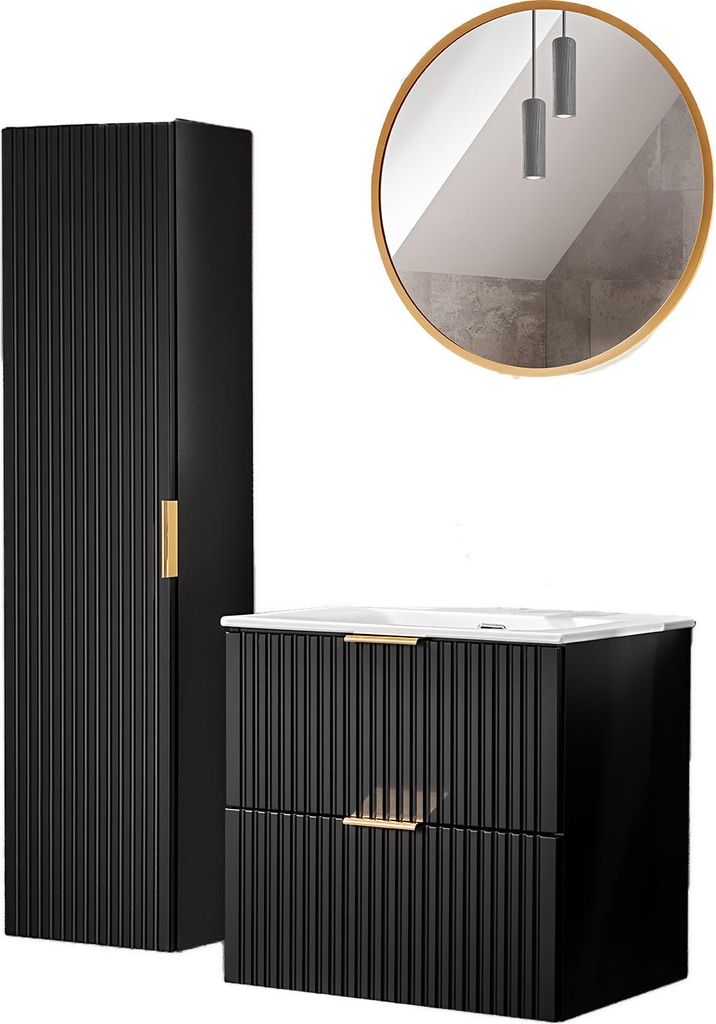 Badezimmer-Set 60 Cm Mit Waschbecken, Hochschrank Und Led-Spiegel