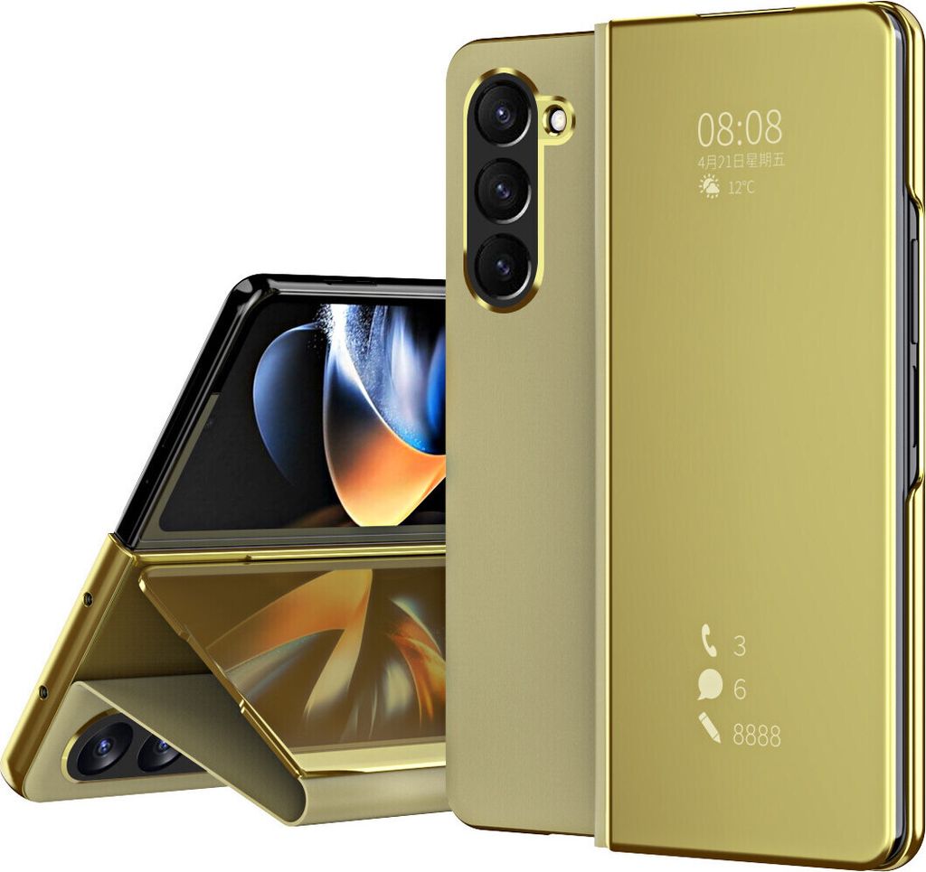 Hülle für Samsung Galaxy Z Fold 6 Lichtdurchlässigen Spiegel Abdeckung, Klappetui Ständer Kunstleder Schutzhülle Gold