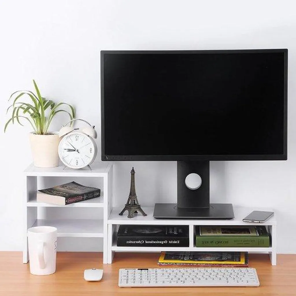 Support écran 3 niveaux avec tablette latérale blanc pour bureau ergonomique