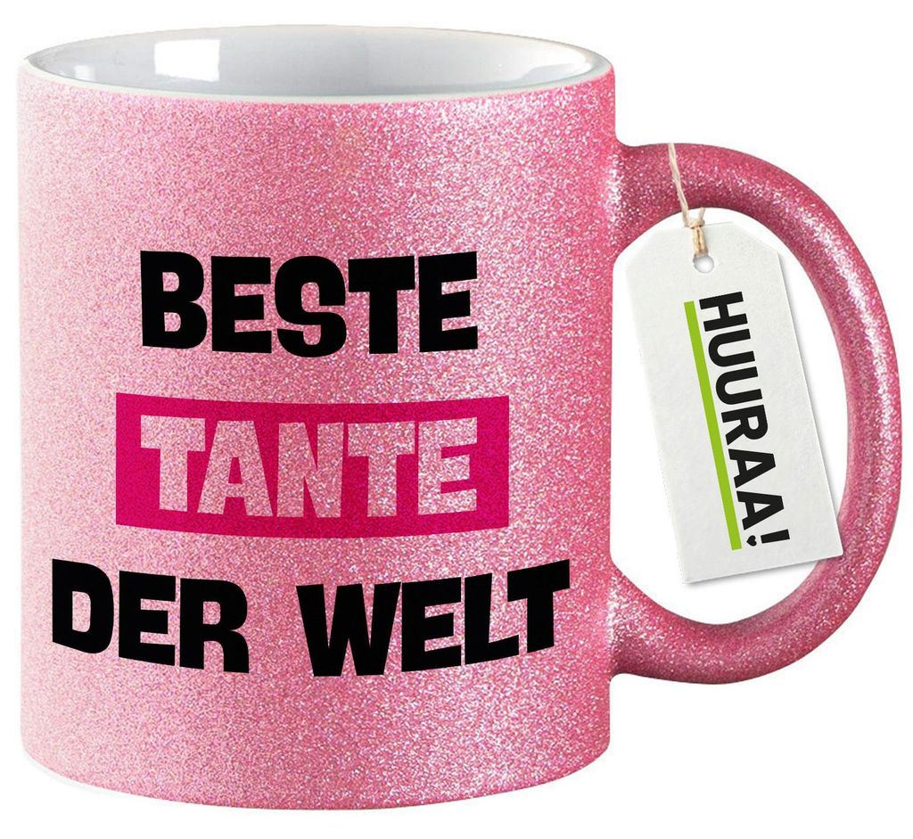 Huuraa Glitzertasse Beste Tante der Welt 330ml Pink Keramik Kaffeebecher Geschenkidee