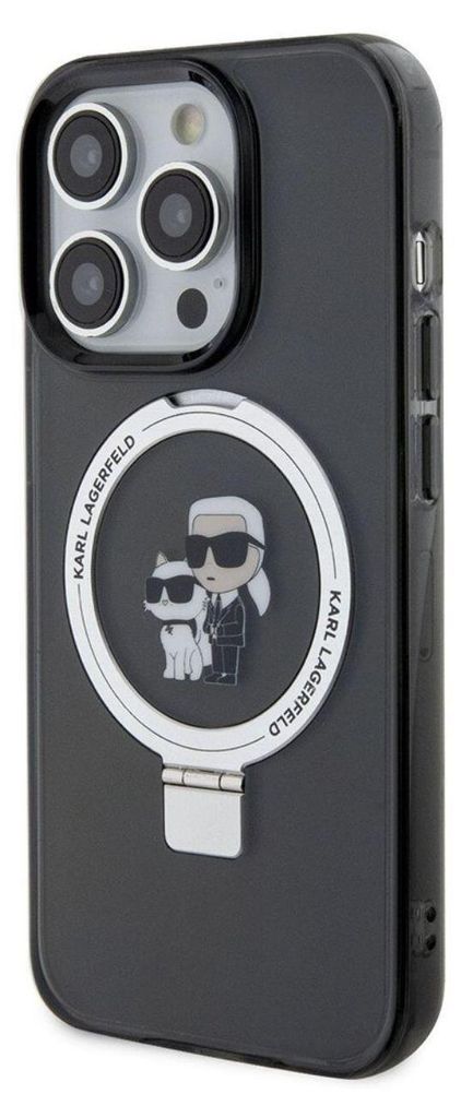 A black iPhone case with a Karl Lagerfeld design and a ring stand.