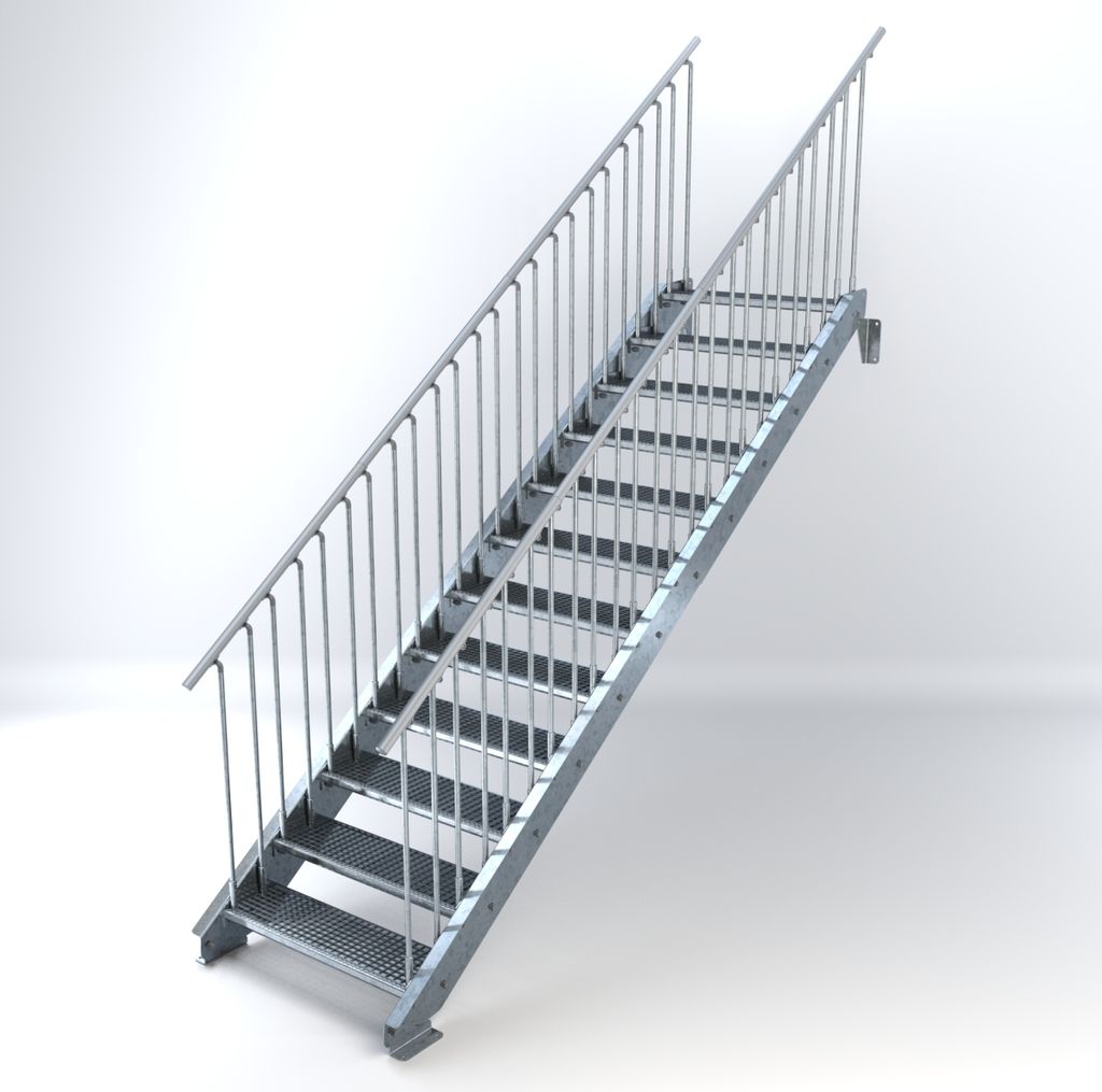 Stahltreppe 12 Stufen bis Höhe 240 cm, Laufbreite : 90 cm beidseitiges Geländer ST 2 (31 / 31 mm gezackt)
