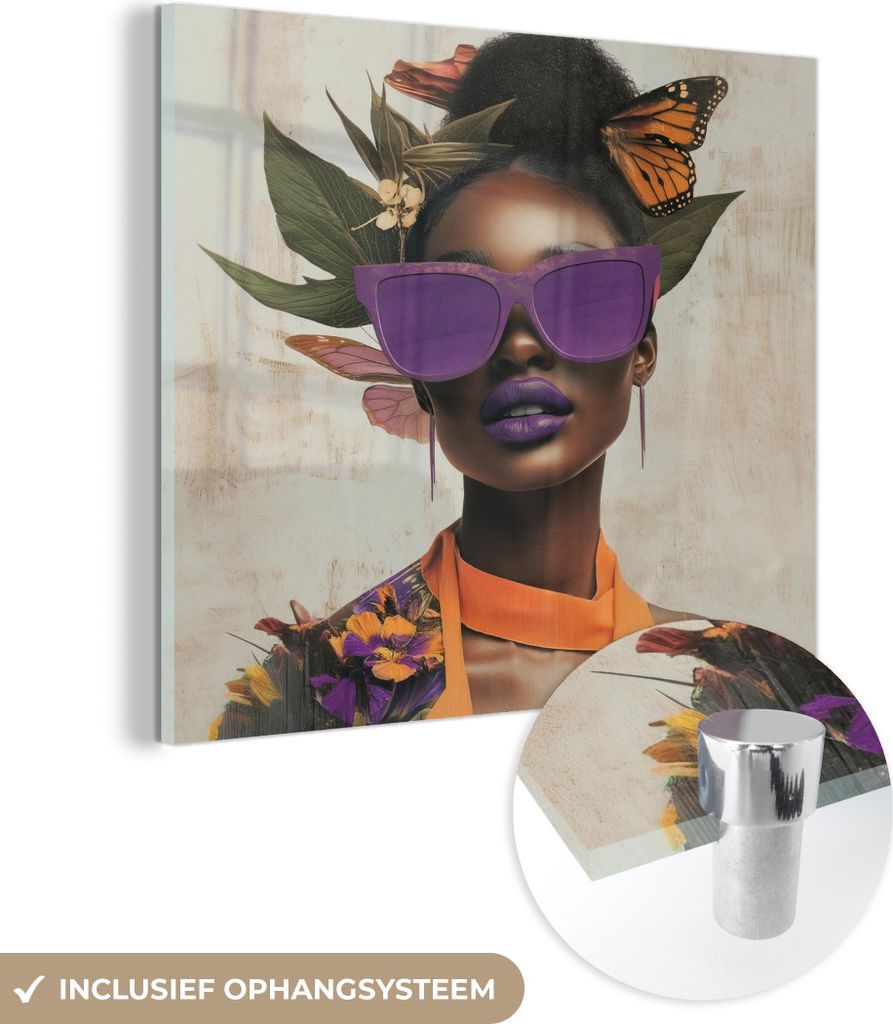MuchoWow Glasbilder - Bilder auf Wandbild - Foto auf Glas Frau - Sonnenbrille - Schmetterling - Blumen 40x40 cm Wanddekoration aus Glas - Acrylglas...