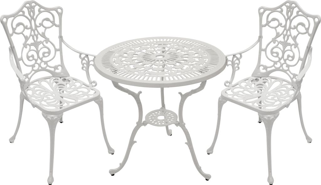 A white metal bistro set with a round table and two chairs, presented on a white background.