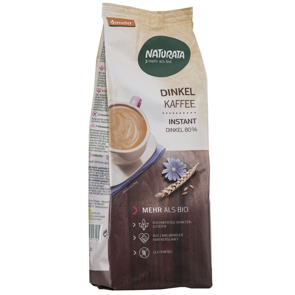 A bag of Dinkel Kaffee (spelt coffee) with a cup of coffee depicted.