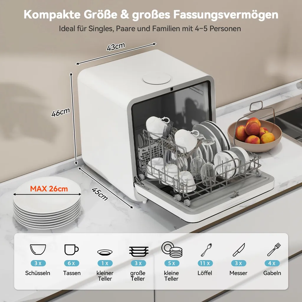 Lave-vaisselle de table compact 45 cm Puluomis avec 6 programmes de lavage
