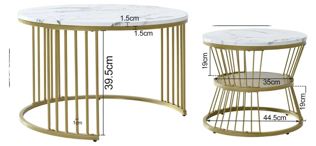 Table basse gigogne gain de place design blanc et or pour salon étroit