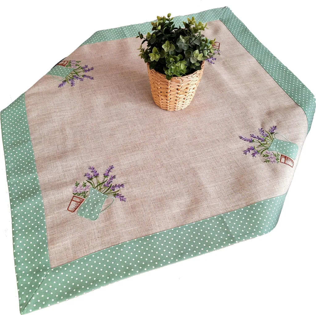 Nappe brodée 85x85 carrée à rayures vert lavande pour table de salon