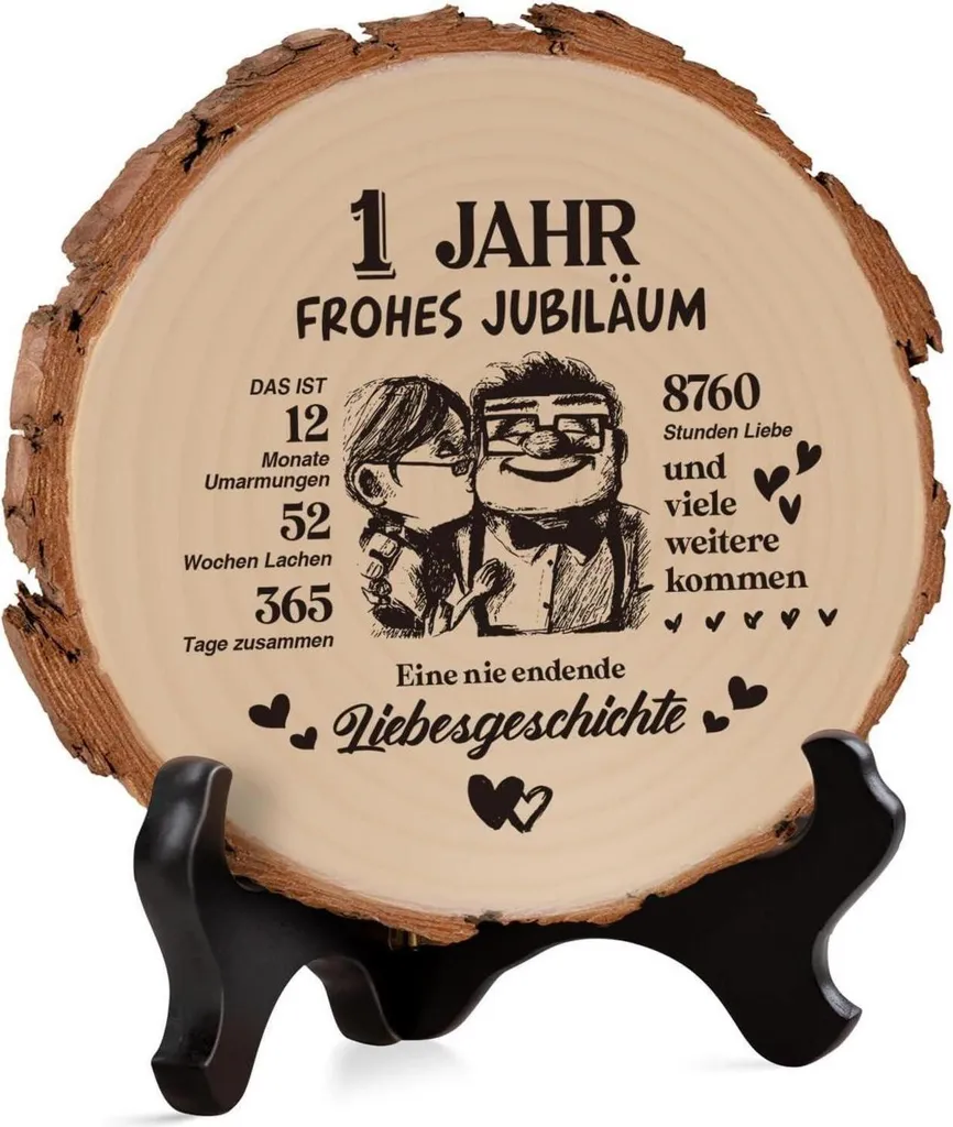 Cadeau 1er anniversaire mariage en bois gravé avec message amour durable