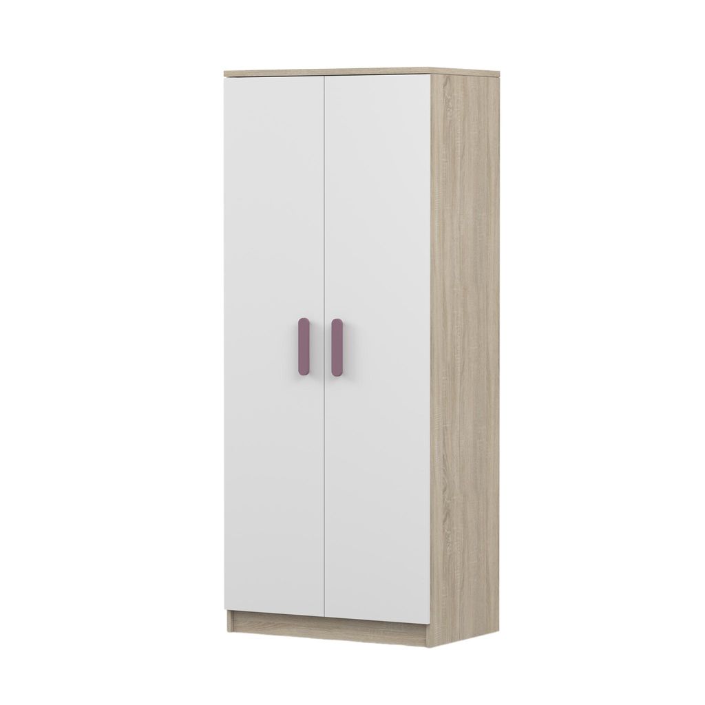 Drehtürenschrank JONAS 06 – Kinderschrank 80 cm Sonoma/Weiß mit erikafarbigen Griffen