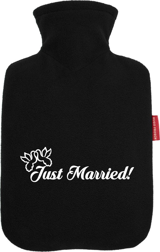 Huuraa Wärmflasche Just Married Tauben 1,8 Liter Black Classic Veloursbezug Bettflasche Geschenkidee