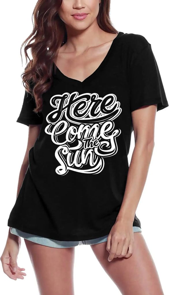 Damen Grafik T-Shirt V-Ausschnitt Hier kommt die Sonne - positiver Slogan für gute Laune – Here Comes The Sun - Positivity Good Vibes Slogan