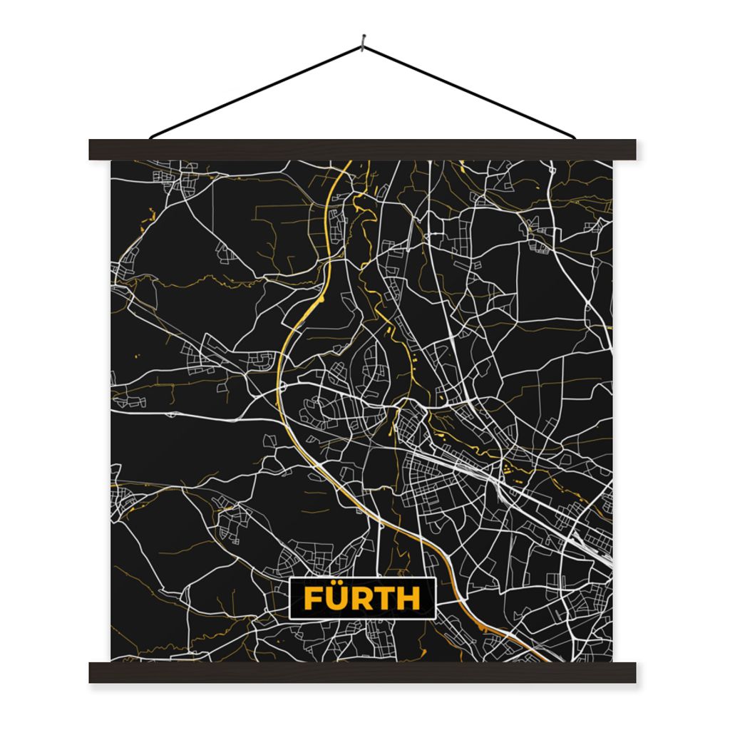 MuchoWow Textilposter Deutschland - Schwarz und Gold - Fürth - Stadtplan - Karte 90x90 cm mit schwarzem Rahmen - Magnetisches