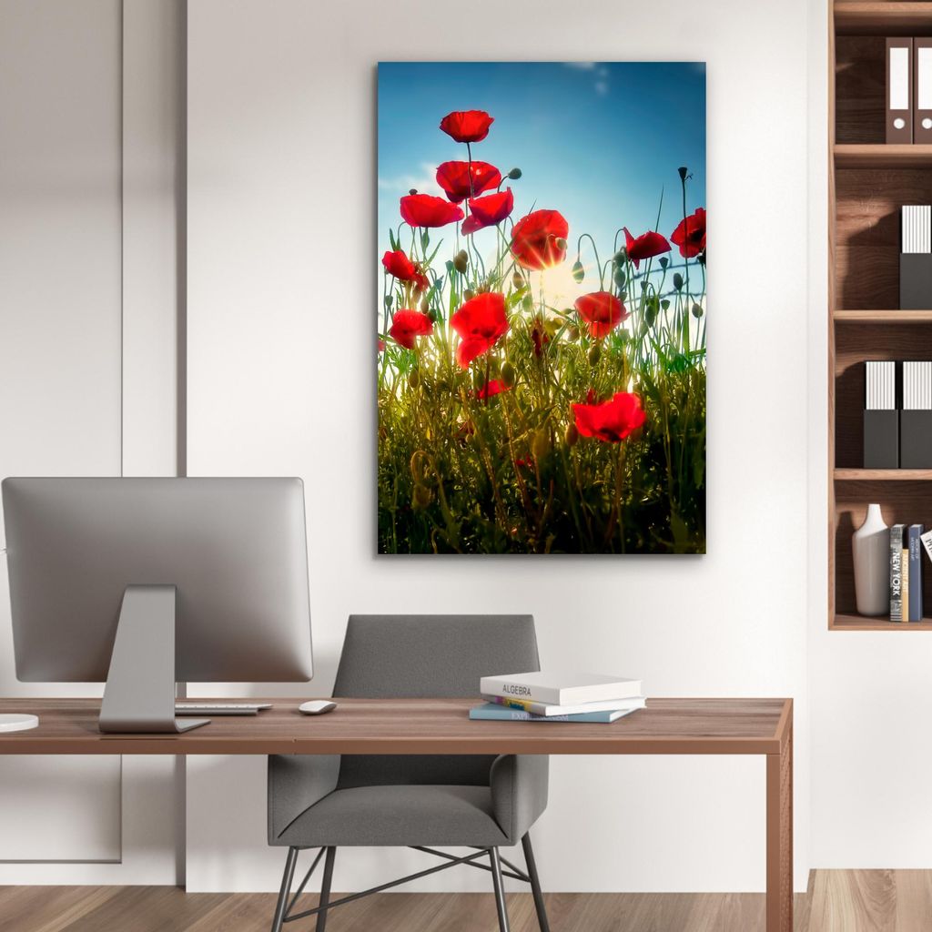 MuchoWow Wanddekoration Metall Metallbild Wandkunst 80x120 cm Mohnblumen - Toskana - Sonne - Rot - Blau MuchoWow Aluminium Gemälde - Bilder