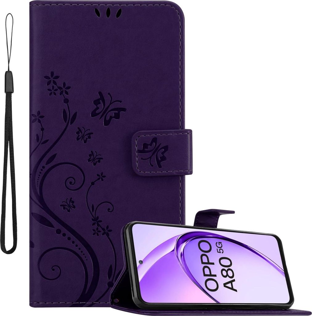 Cadorabo Hülle für Oppo A80 Hülle in FLORAL DUNKEL LILA Schutzhülle im Blumen Design mit Magnetverschluss, Standfunktion und Kartenfächern Boo...