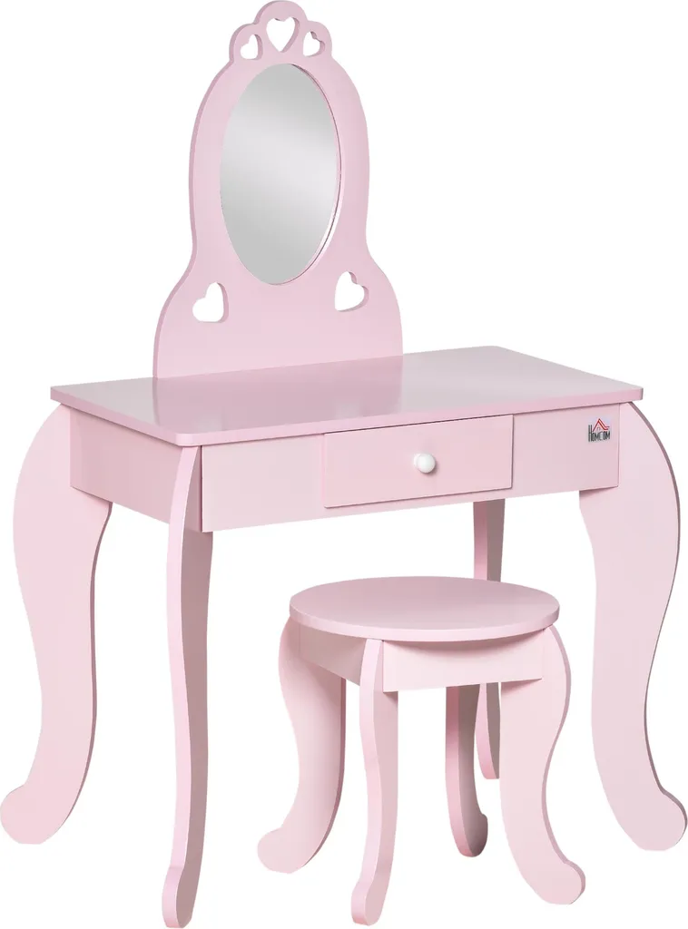 Meuble Coiffeuse Rose pour Petite Fille avec Tabouret et Miroir Coeur