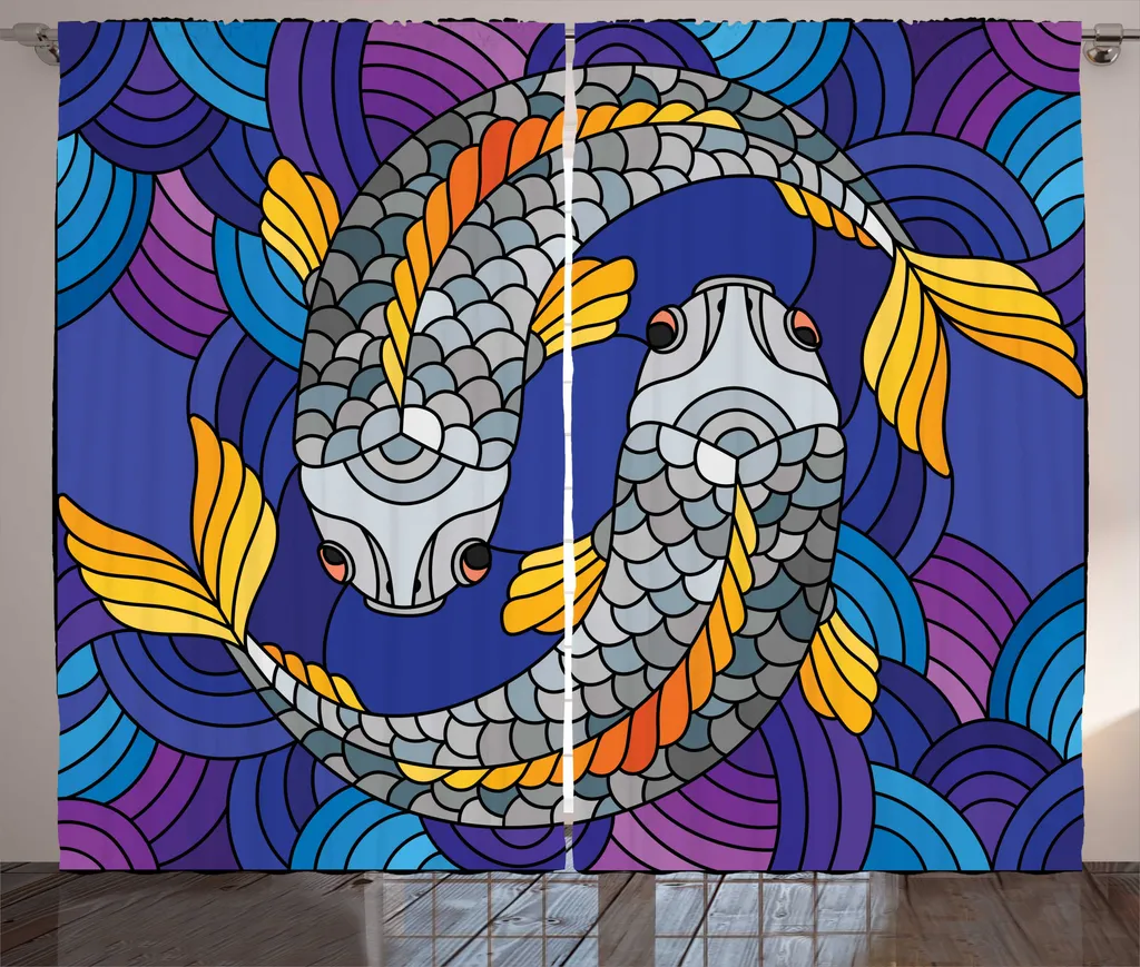 Grand Rideau de Décoration pour Salon Motif Poisson Vitrail 280x225cm