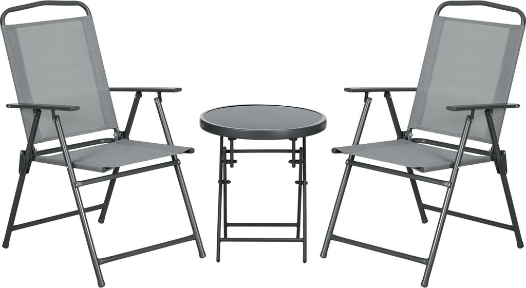 Gartenmöbel Bistro Set klappbar mit 1 Tisch und 2 Stühlen, langlebig aus Stahl und Mesh, 53,5 x 64 x 93 cm, hellgrau für Balkon & Terrasse