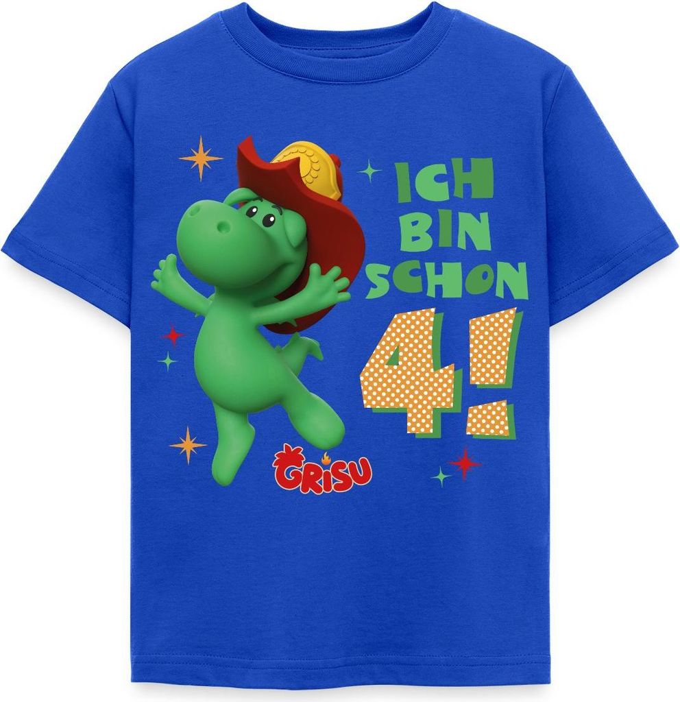 Spreadshirt Grisu Der Kleine Drache Geburtstagsdesign 4 Jahre Kinder T-Shirt, 122/128 (7-8 Jahre), Royalblau