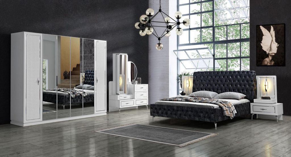 Schlafzimmer Bett 2x Nachttisch 5 tlg.Set Design Modern Luxus neu weiß
