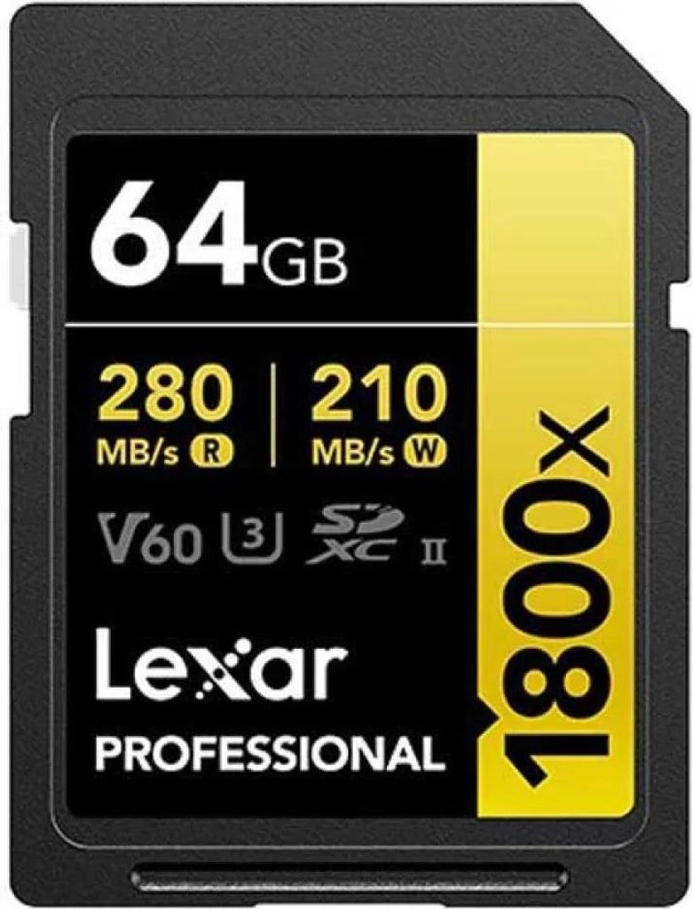 A Lexar Professional 64GB SDXC UHS-II memory card.