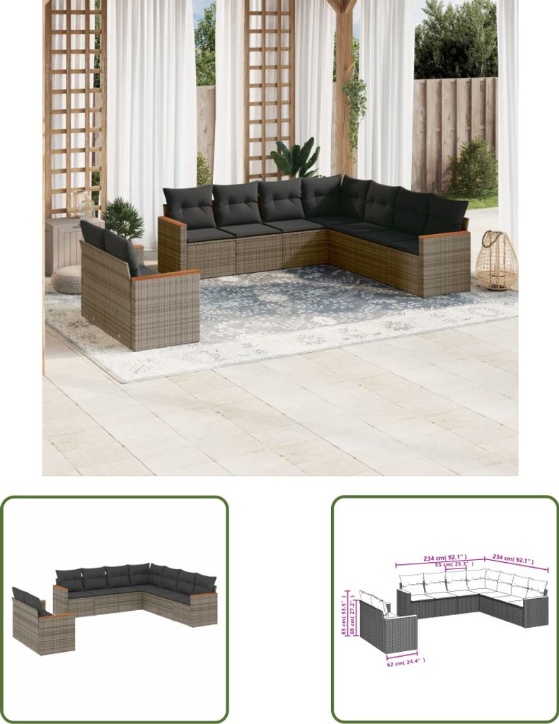 The Living Store 9-tlg. Garten-Sofagarnitur mit Kissen Grau Poly Rattan