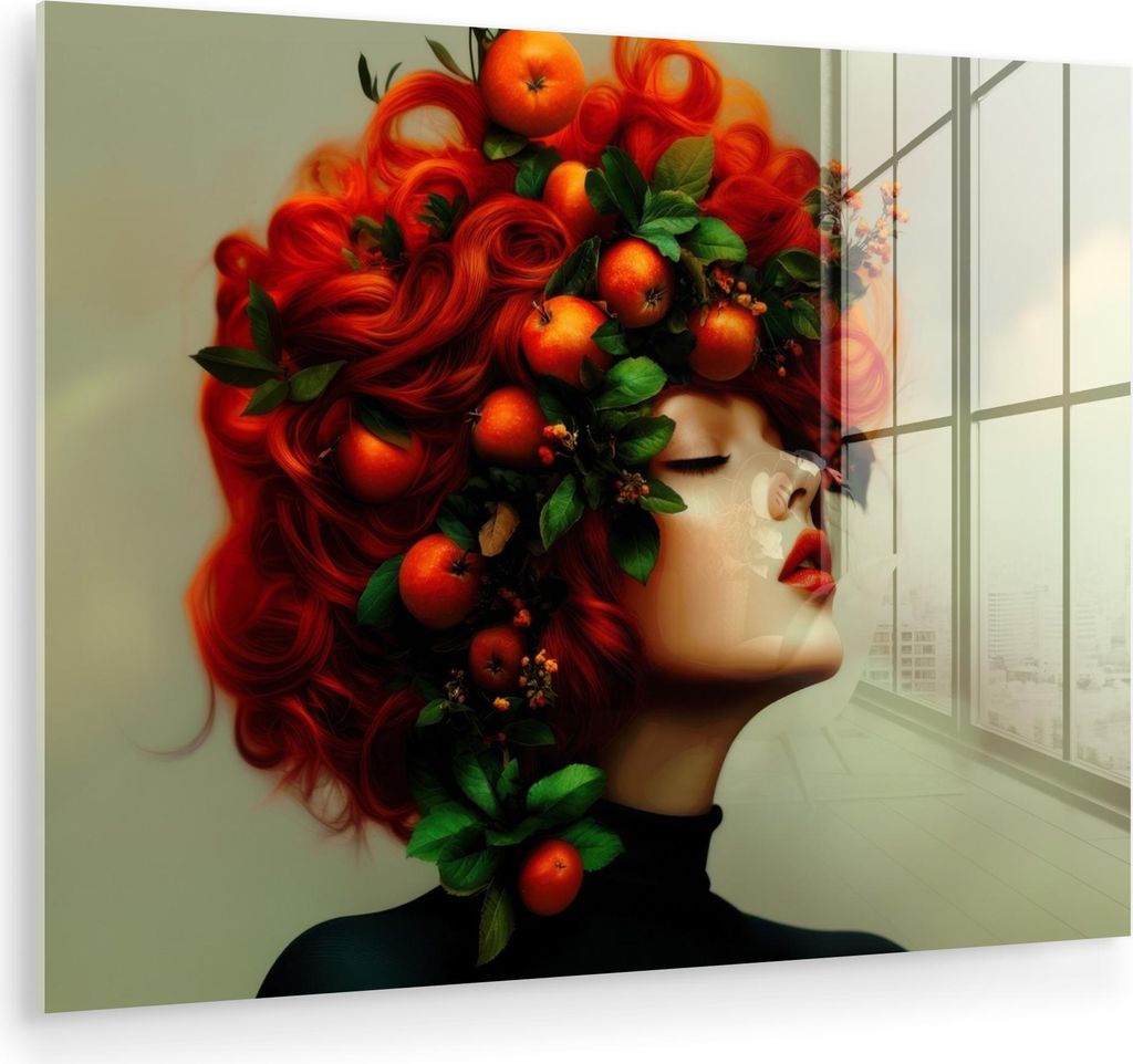 MuchoWow Glasbilder - Bilder auf Wandbild - Foto auf Glas Frau - Äpfel - Rot - Blätter 80x60 cm Wanddekoration aus Glas - Acrylglasbild - Acrylbi...