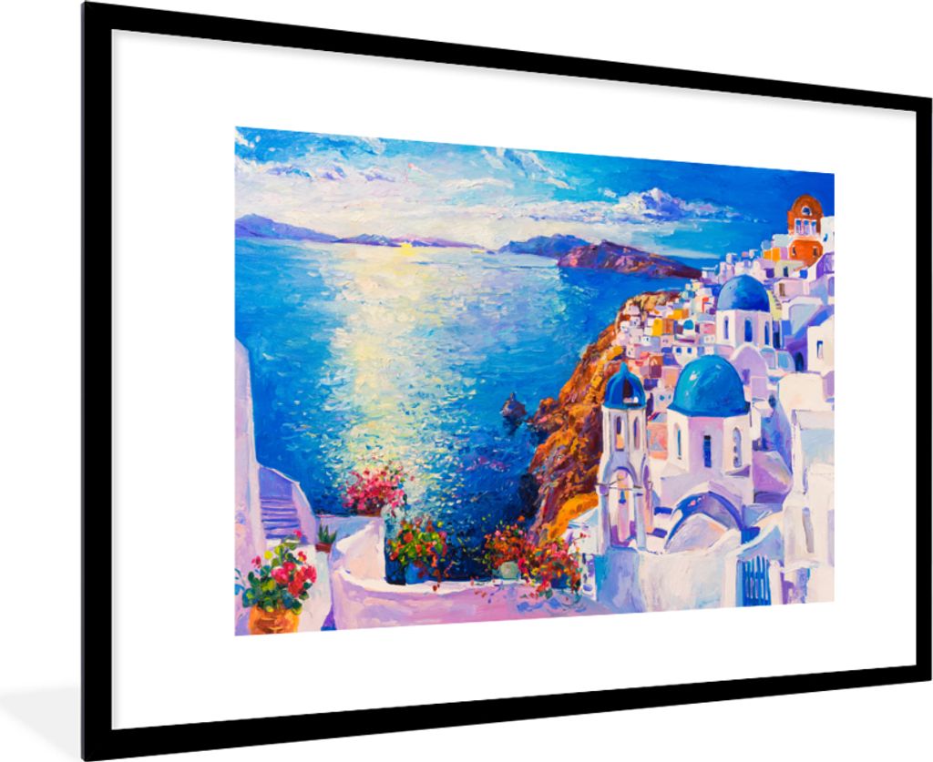 MuchoWow Gerahmtes Poster Malerei - Griechenland - Wasser - Öl 90x60 cm - Poster mit Schwarzem Bilderrahmen Wandposter Rahmen Foto Bilder - Wand...