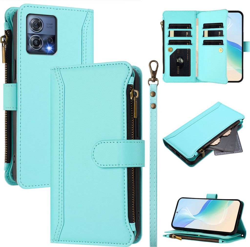 Handyhülle für Motorola Moto Edge 30 Fusion Reißverschluss Geldbörse Kunstleder Klapphülle mit Kartensteckplatz, Ständer, Handschlaufe Türkis