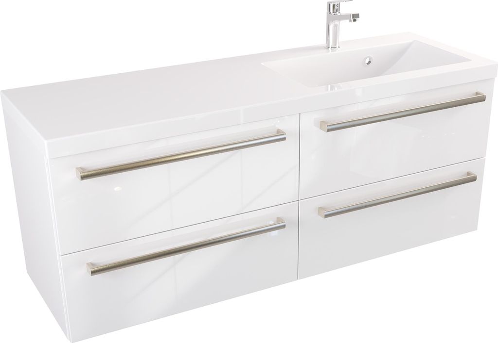 FURNI Waschtischunterschrank ATH 120 cm - Weiß Hochglanz - Hängender Badschrank mit Mineralguss-Waschbecken - Griffe - Vormontiert