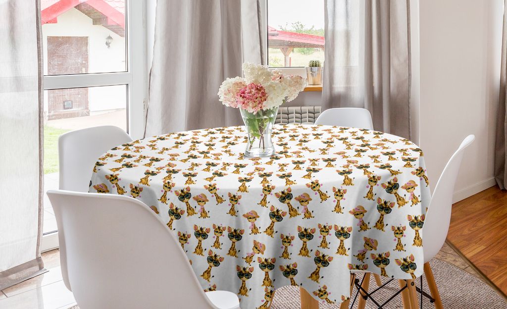 ABAKUHAUS Giraffe Runde Tischdecke, Romantische Charaktere, Kreis Tischdecke Abdeckung für Esszimmer Küche Dekoration, 150 cm, Pale Brown, Rosa, ...
