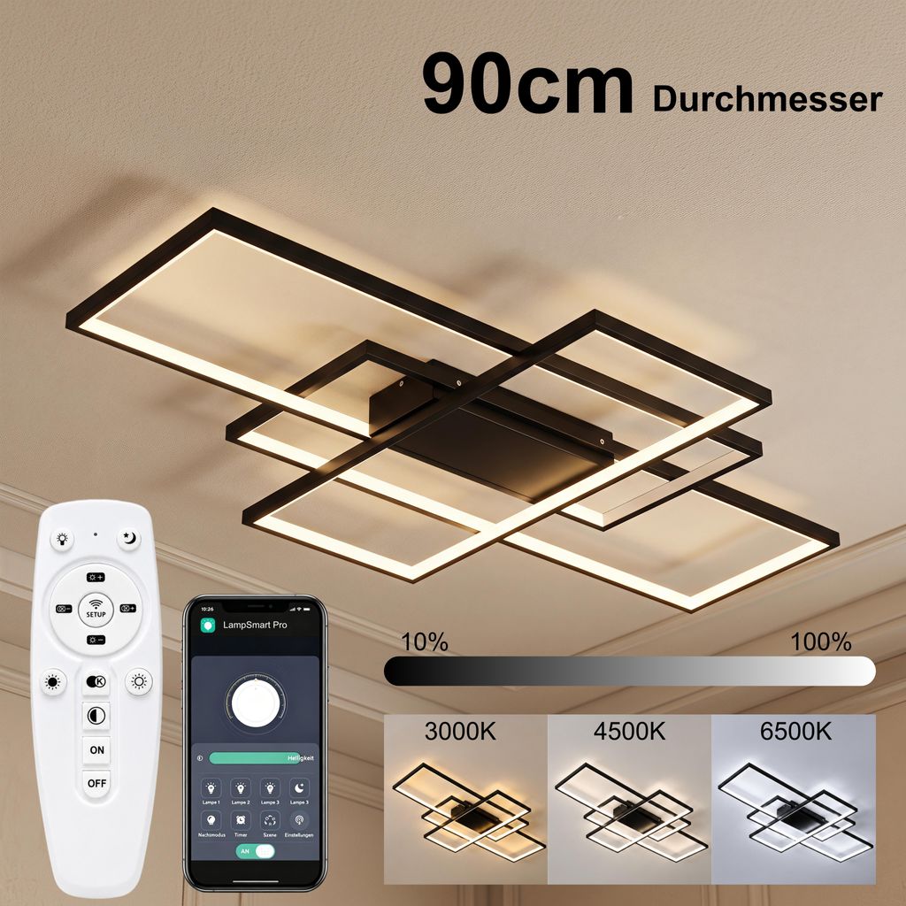 Smart LED Deckenleuchte Schwarz 90x60 cm, moderne Produktbild 