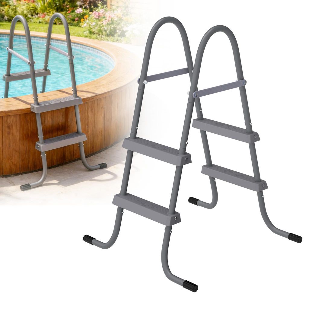 LZQ Poolleiter 2 Stufen, Aufstellpool Leiter mit rutschfesten Kunststoff-Trittstufen & stabilem Handlauf, bis 130 kg, für Pool bis 80 cm, Grau