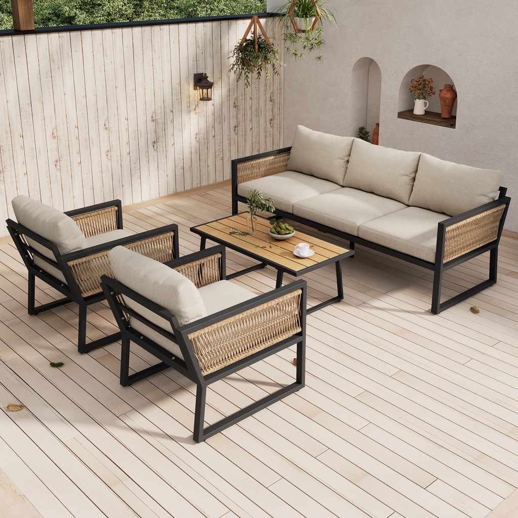 Flieks Gartenlounge-Set 5 Personen, Loungegartenmöbel Balkonmöbelset 4 Teilig, Terassenmöbelset aus Seil mit Gartentisch, Sofagarnitur Beige