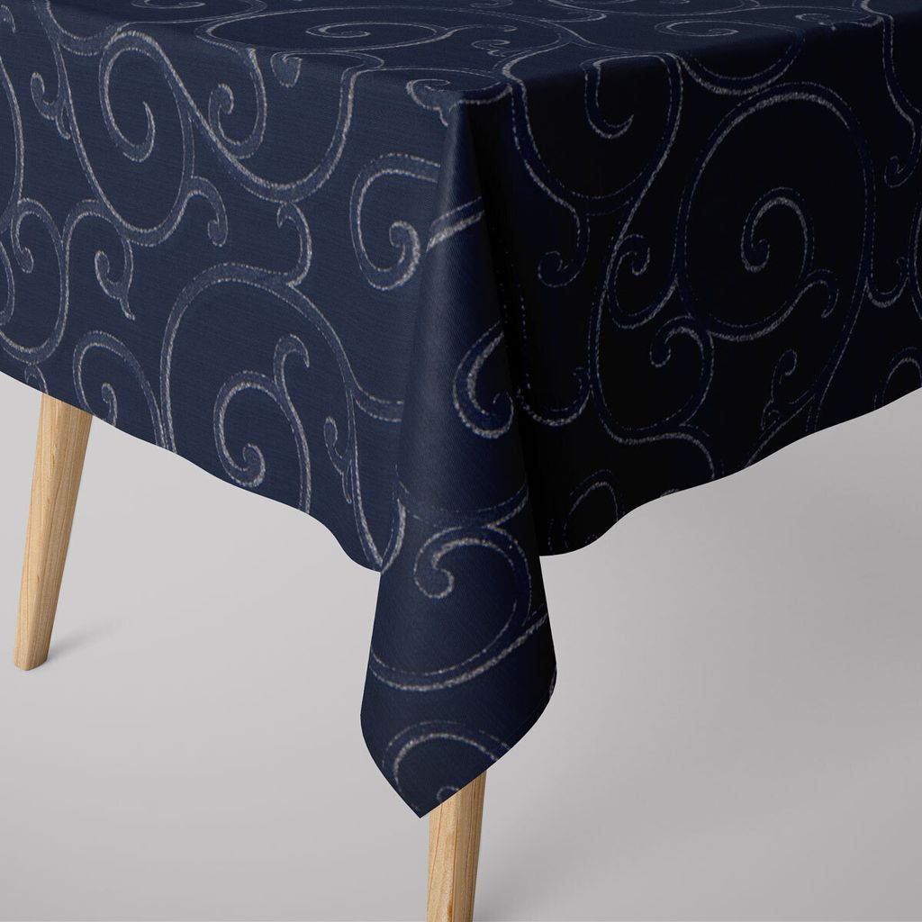SCHÖNER LEBEN. Tischdecke Ornamente Schnörkel Polyester dunkelblau silber Größe 90x90cm